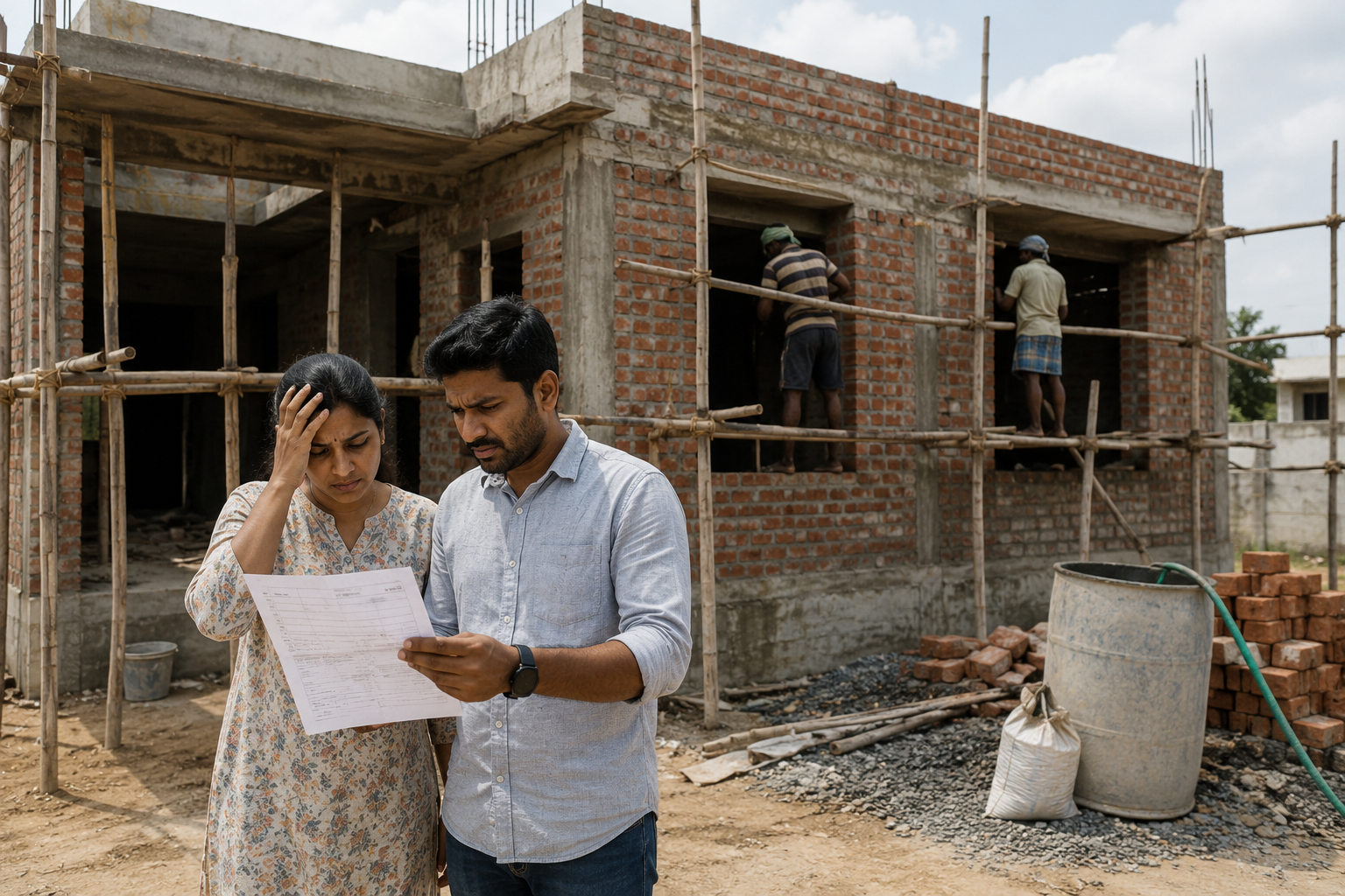 A couple reviewing a construction bill at their site, concerned about cost overruns