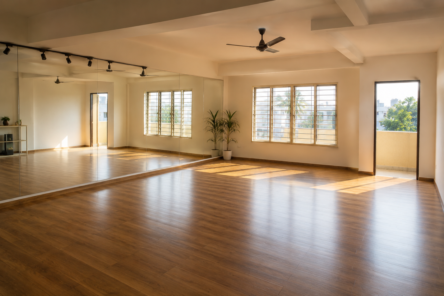 Empty sunlit dance studio room with mirrors on the second floor