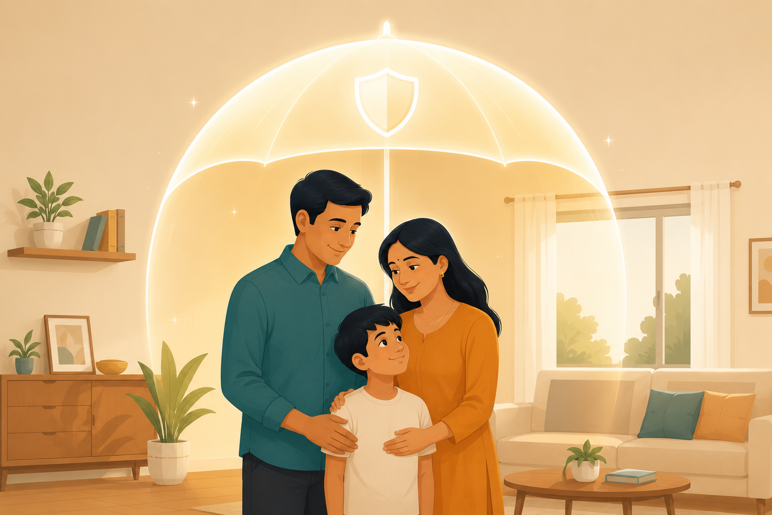 A family standing together under a glowing protective shield-shaped umbrella in their living room