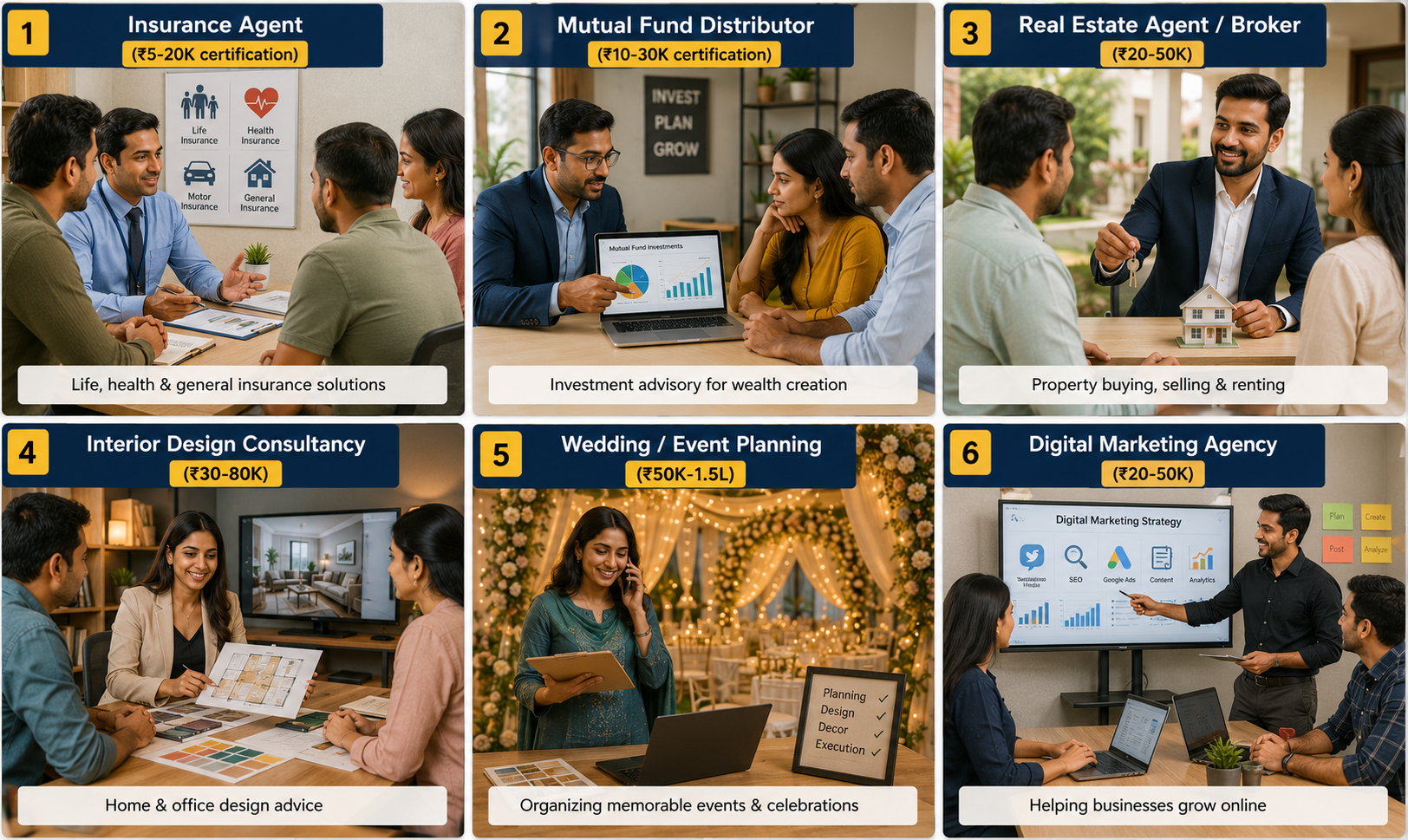 Grid of 6 consulting and advisory business ideas including insurance agent, mutual fund distributor, and real estate broker