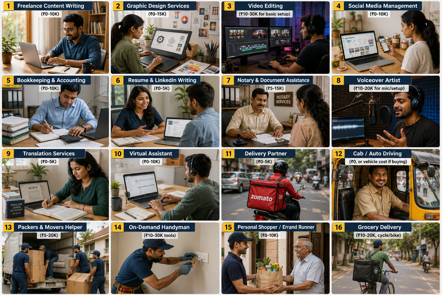 Grid of 16 fastest-to-start business ideas including freelance writing, delivery, and driving