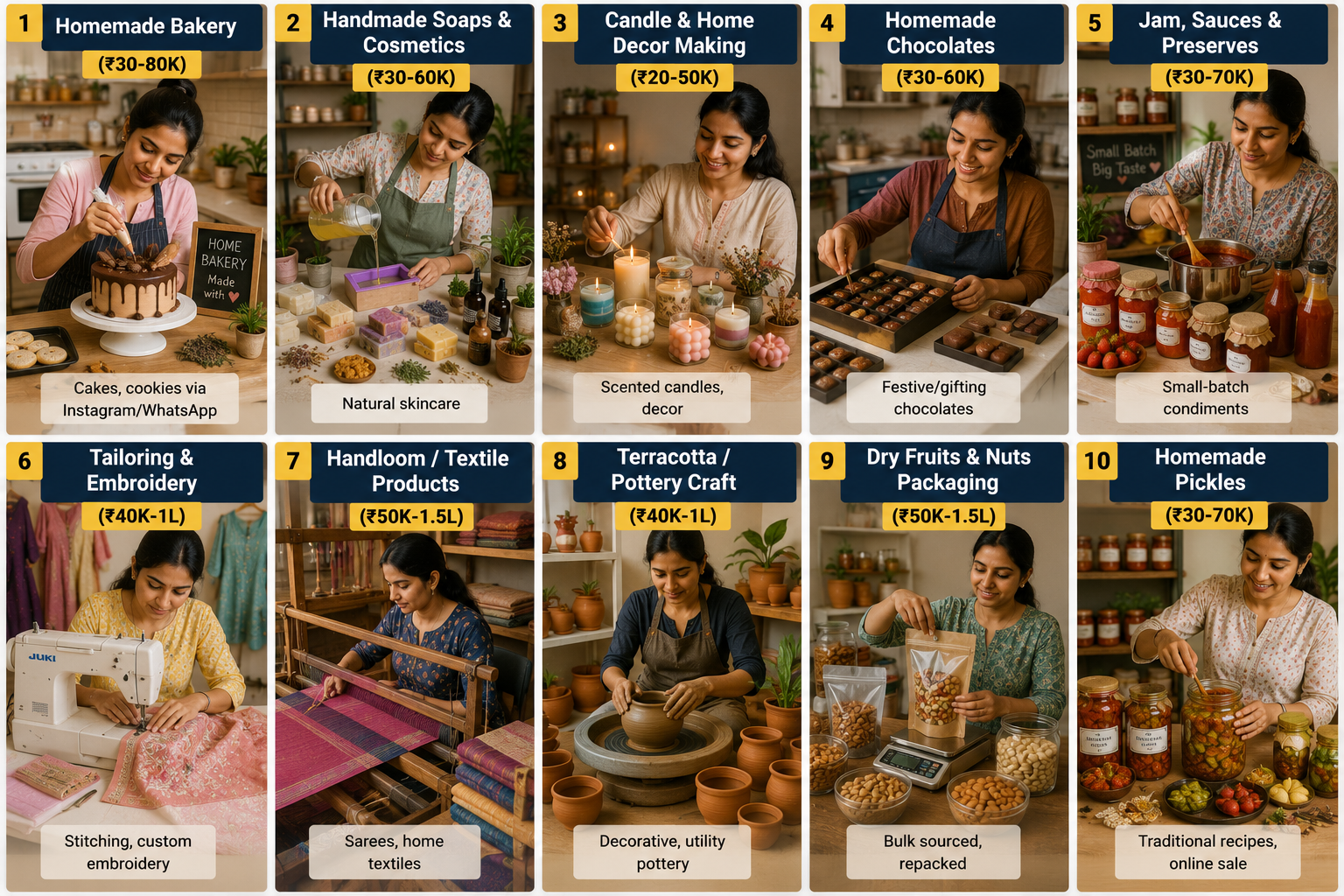 Grid of 10 home-based production business ideas including bakery, soaps, candles, and pickles