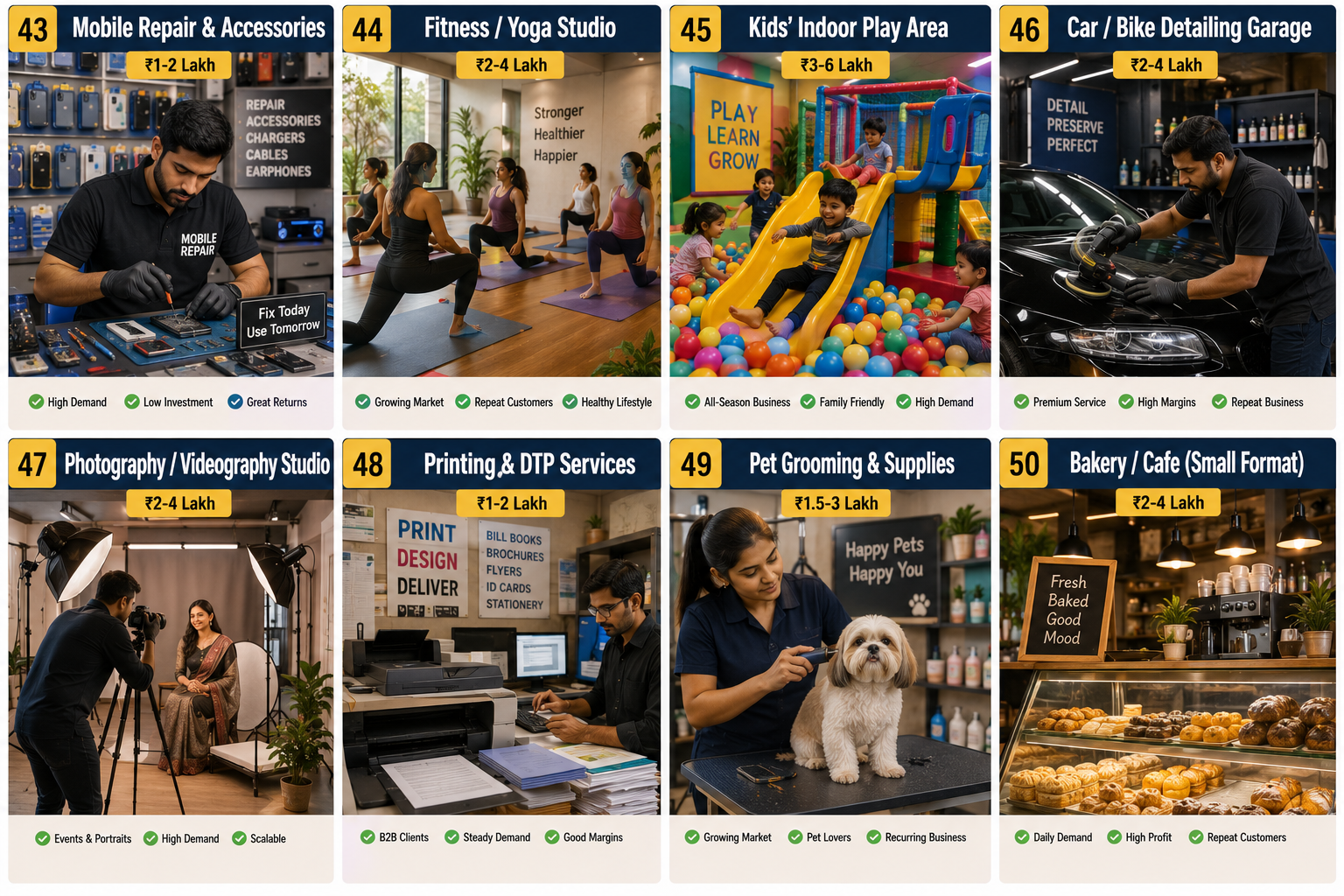 Grid of 8 physical shop business ideas including mobile repair, yoga studio, kids' play area, and pet grooming