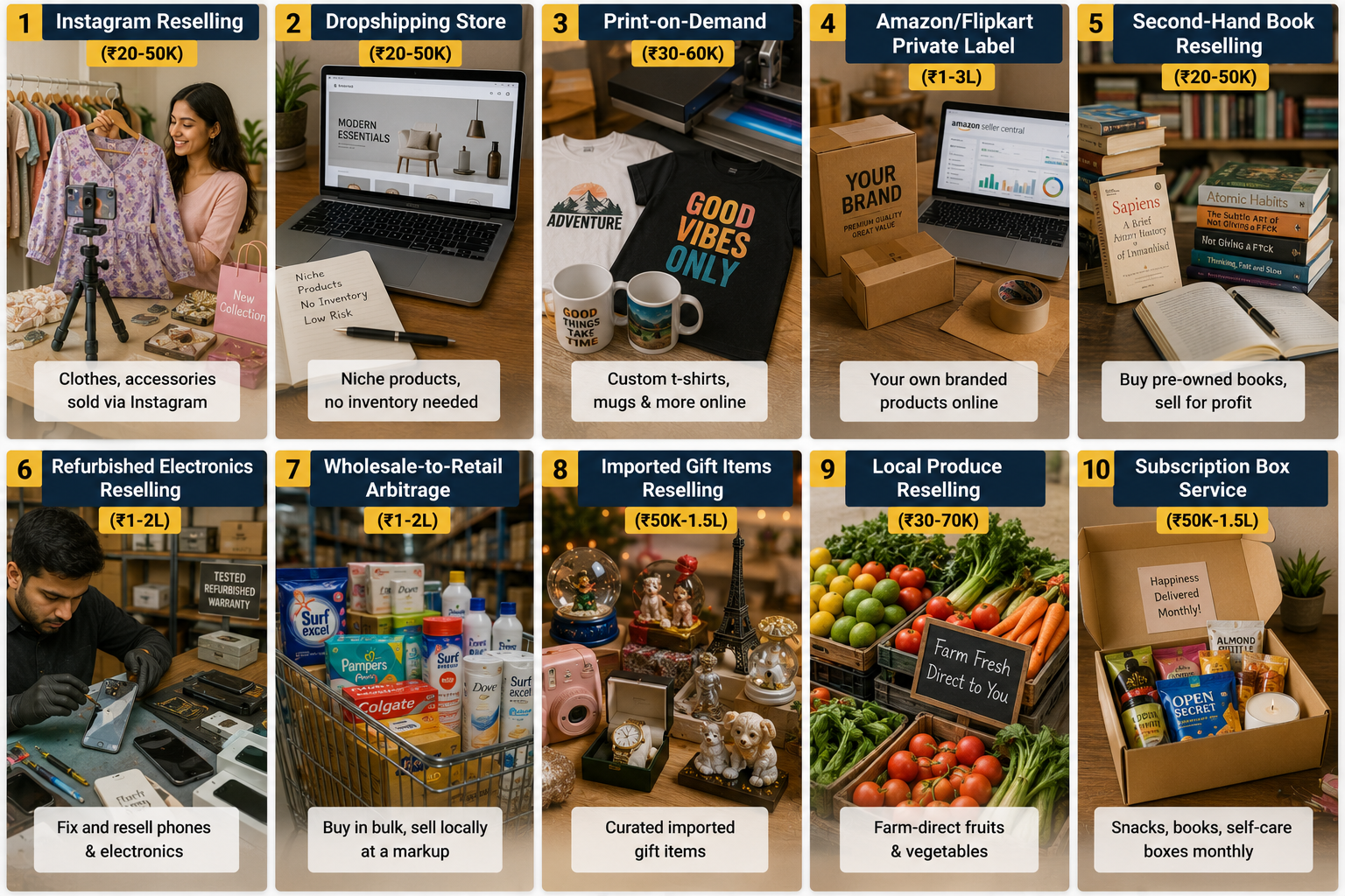 Grid of 10 reselling and e-commerce business ideas including Instagram reselling, dropshipping, and print-on-demand
