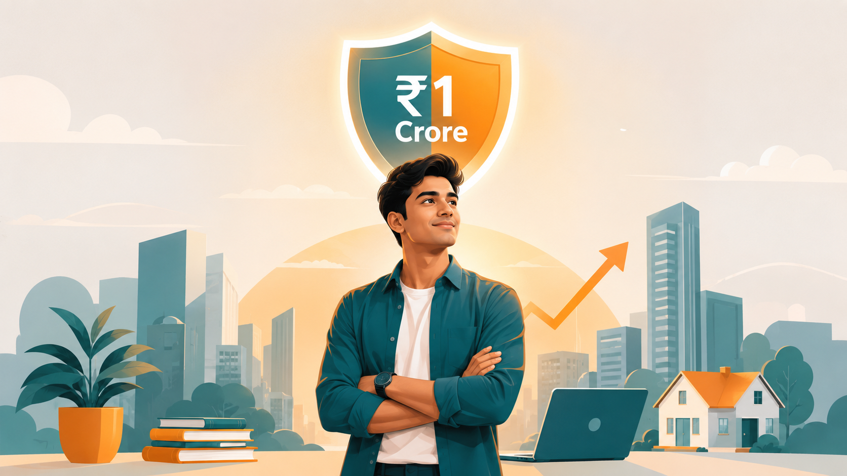 A young professional standing confidently with a glowing shield labeled 1 Crore behind them