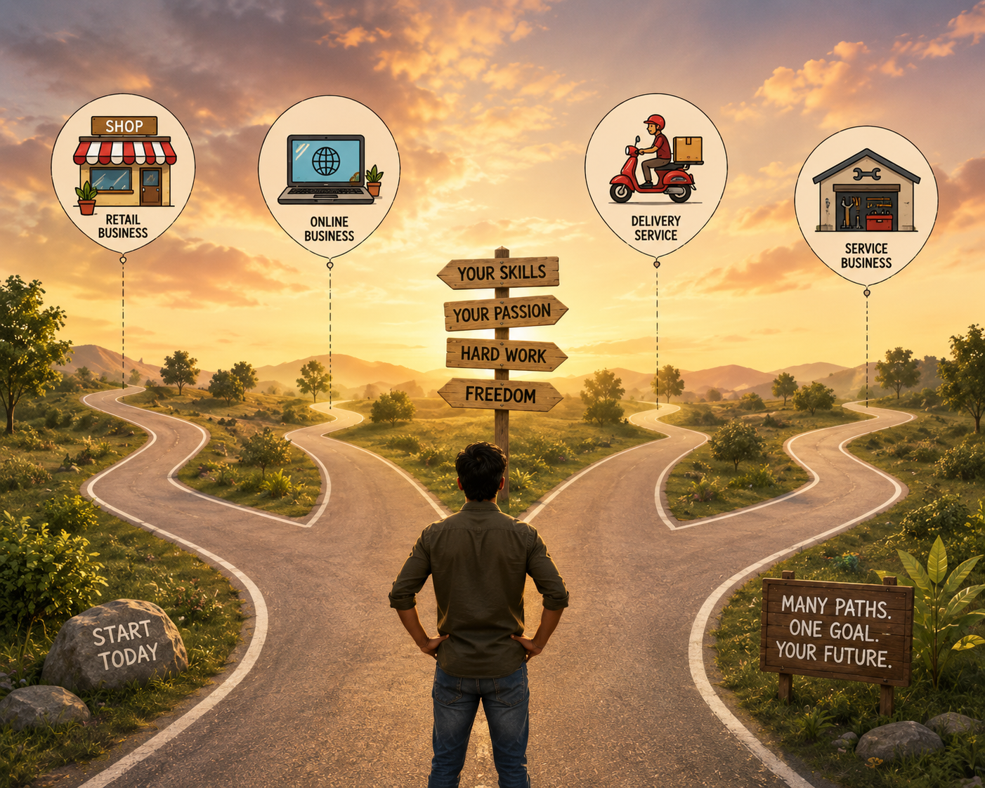 A person standing at a crossroads with paths toward retail, online, delivery, and service businesses