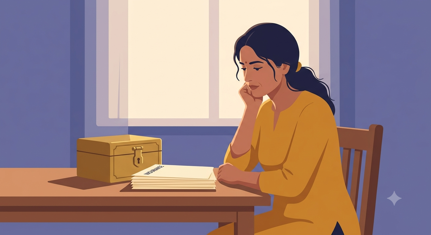 A woman looking thoughtfully at a small gold locker box beside insurance papers on a table