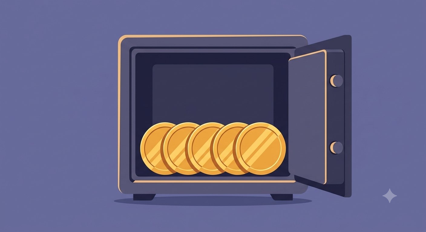 Five gold coins arranged inside an open home locker or safe