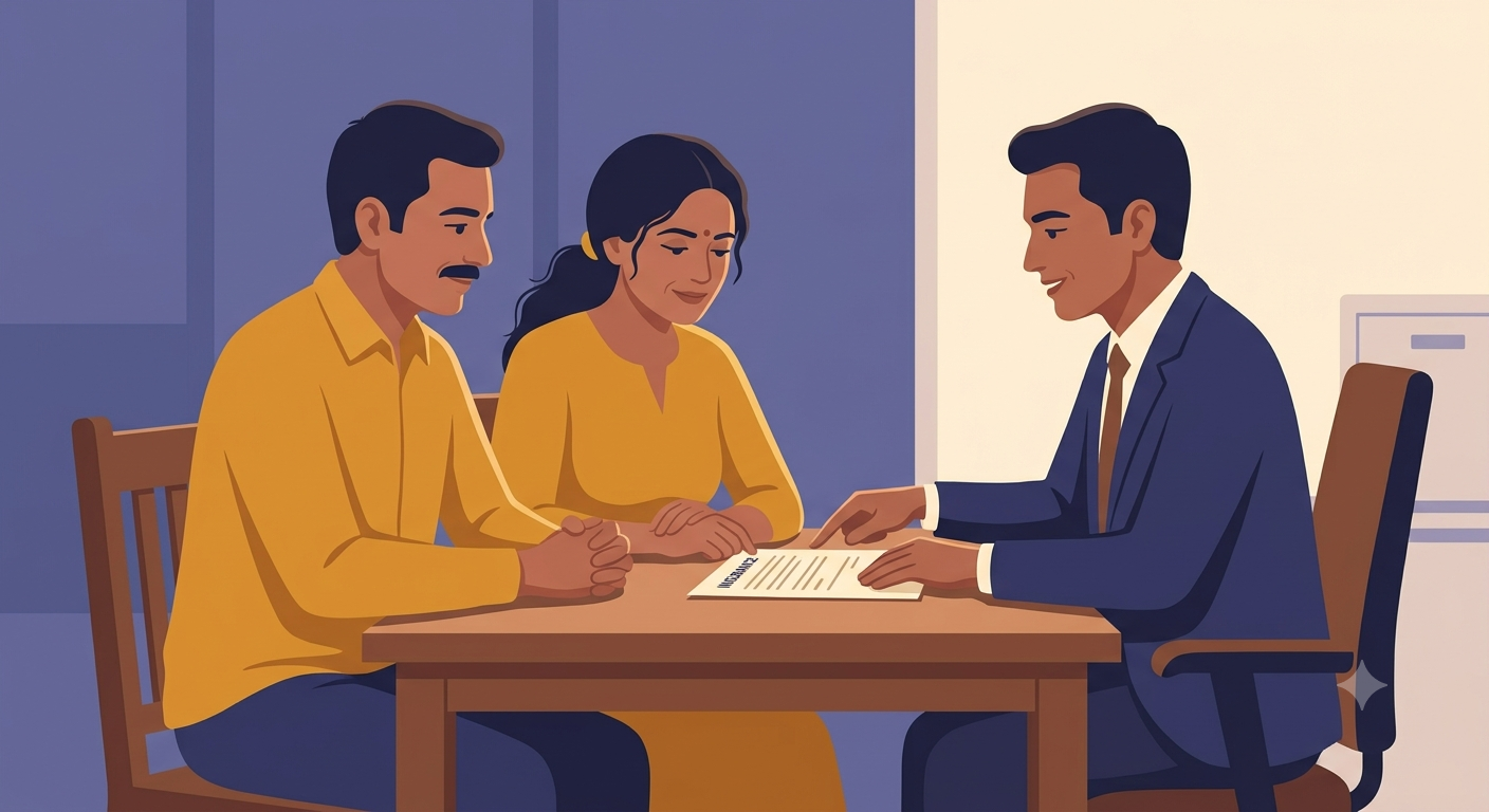 A husband and wife sitting across a desk from an insurance advisor reviewing a policy document together