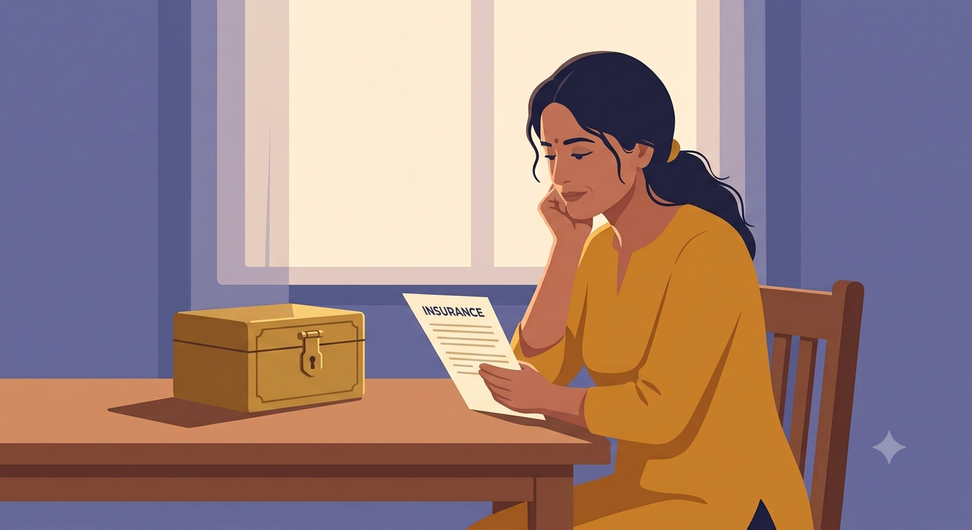 A woman sitting quietly at a table holding an insurance policy document, with a gold locker box visible nearby, soft evening light