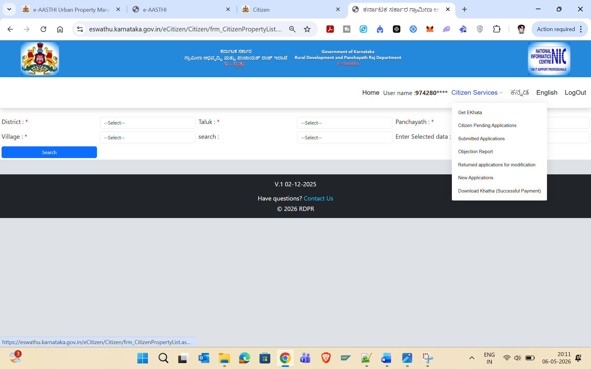 Citizen Services dropdown — Select New Applications