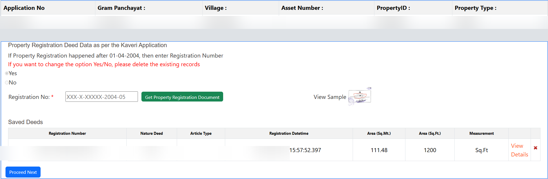 E-Swathu Kaveri registration deed — personal details blurred