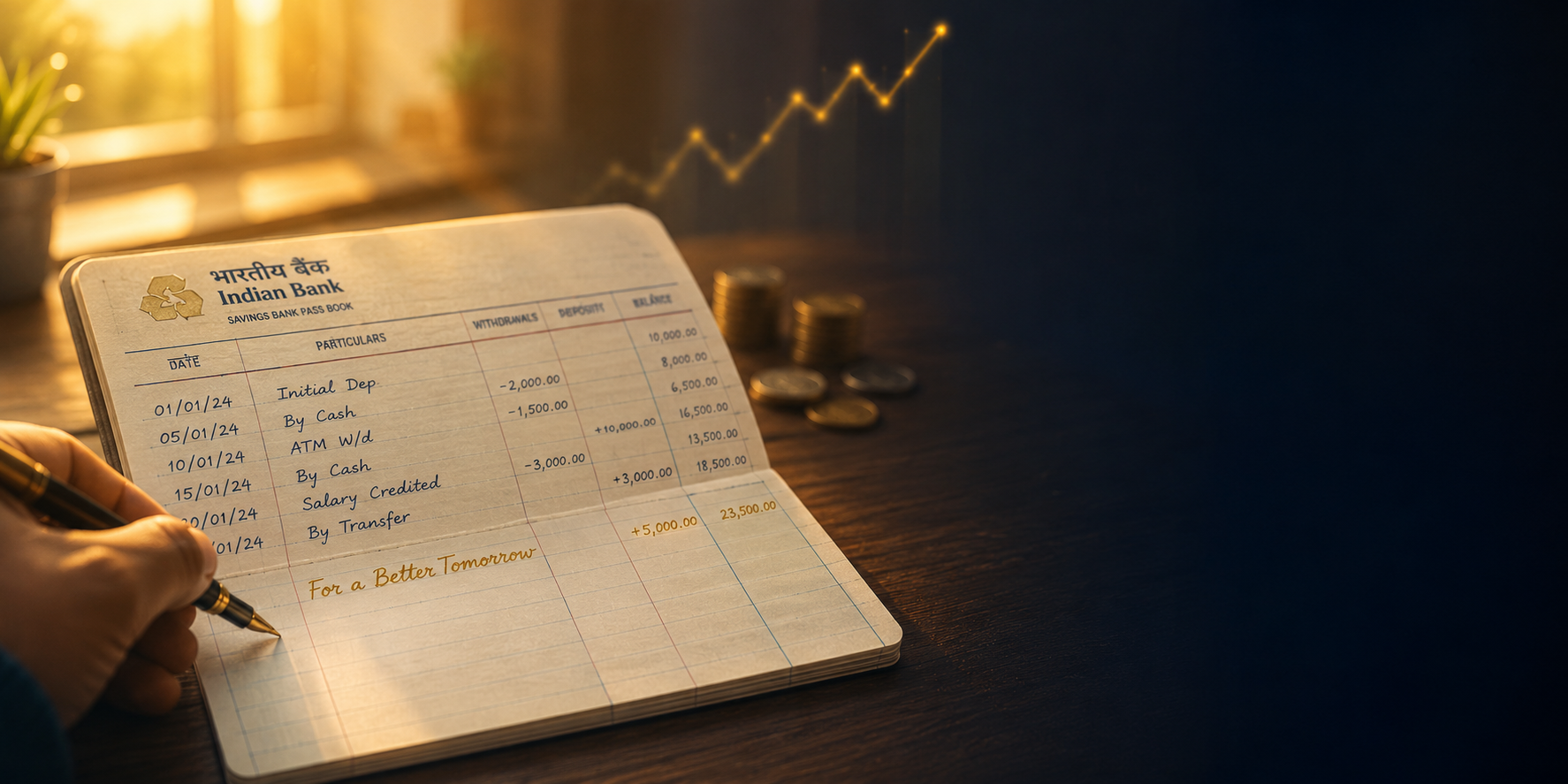An open Indian bank passbook on a desk at sunrise, with a hand writing a fresh entry in gold ink, captioned 'For a Better Tomorrow'