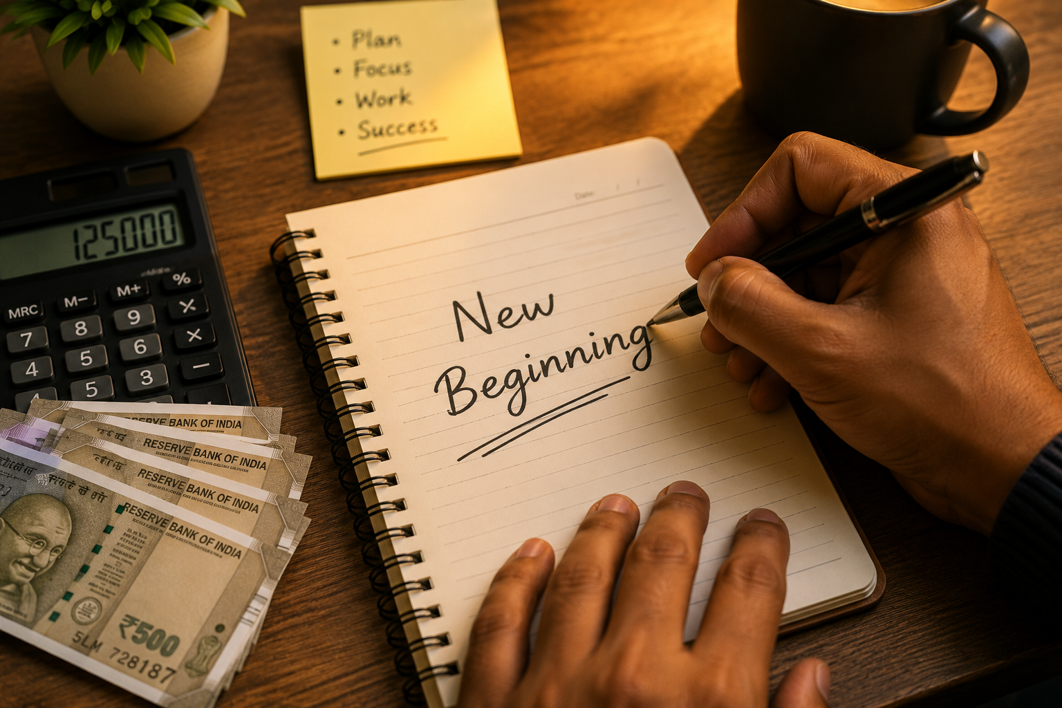 Hands writing 'New Beginning' in a notebook next to rupee notes and a calculator