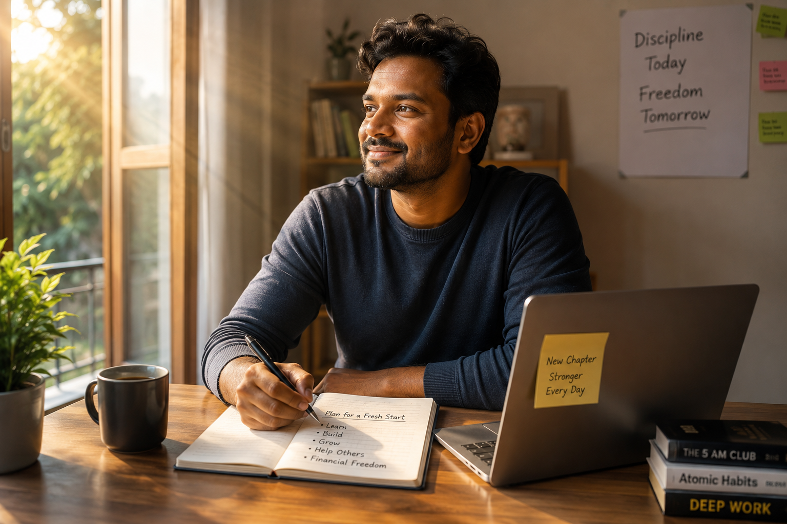 Person planning a fresh start with a notebook and laptop