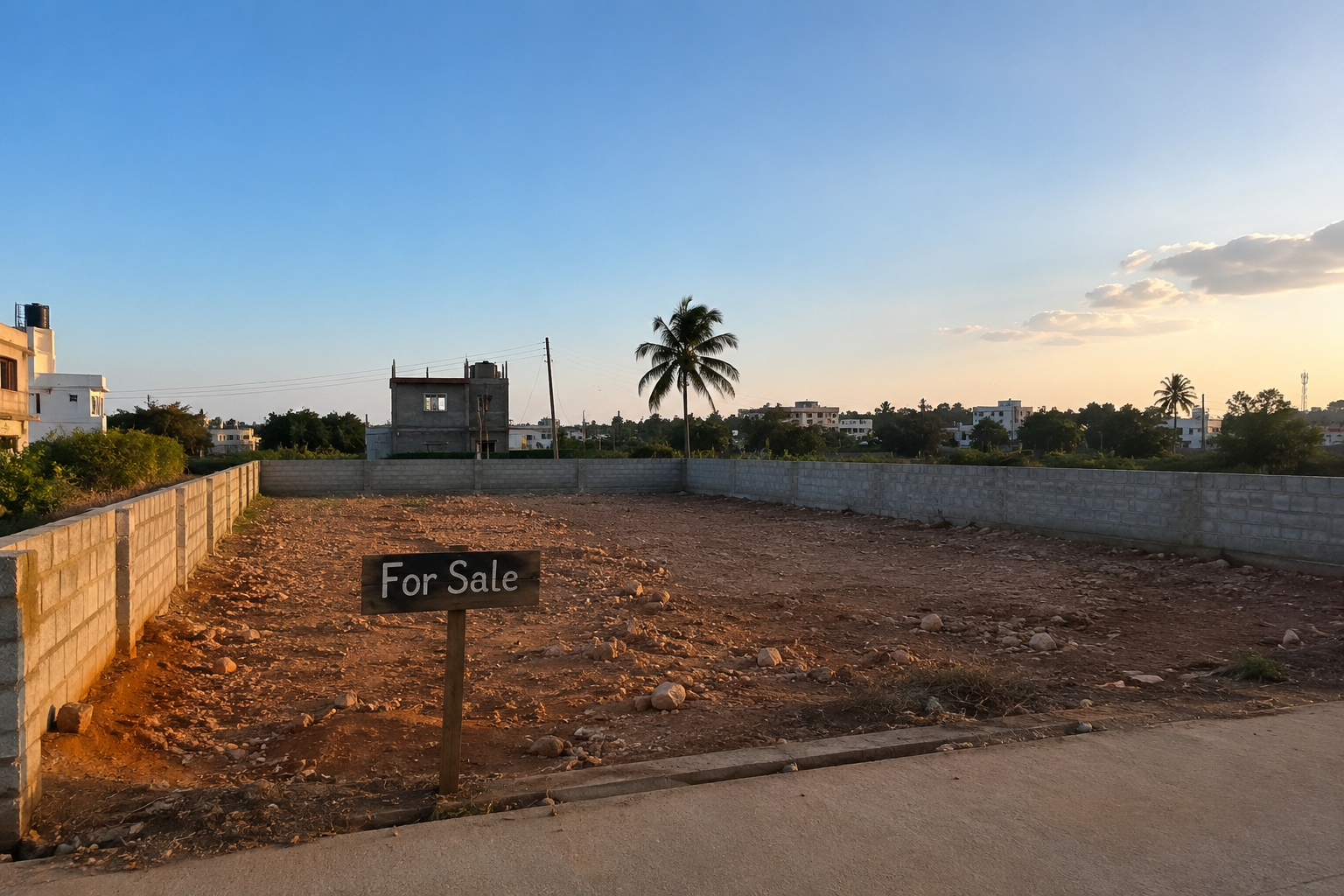 An empty plot of land in Hoskote with a For Sale sign