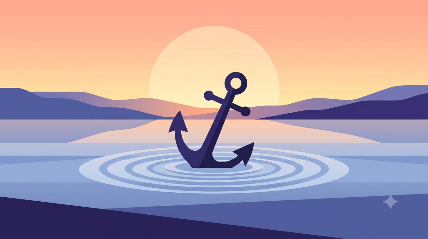 An anchor resting steady in calm water at sunrise, representing financial stability