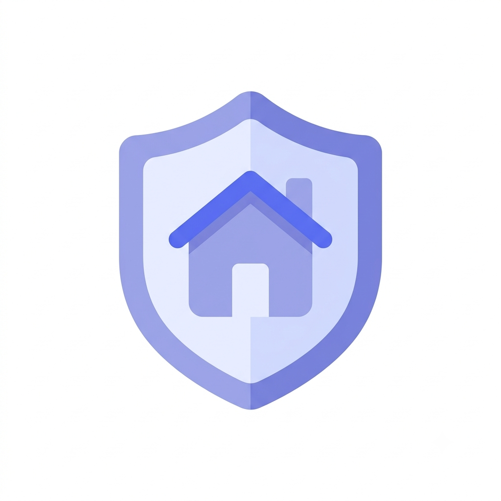 A shield enclosing a small house, representing insurance protecting the household