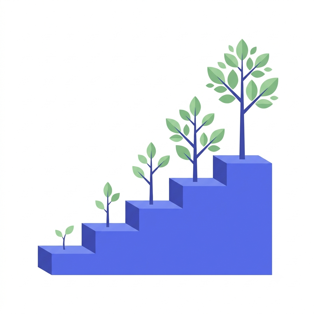 A sapling growing taller with each ascending step, representing a step-up SIP growing over time
