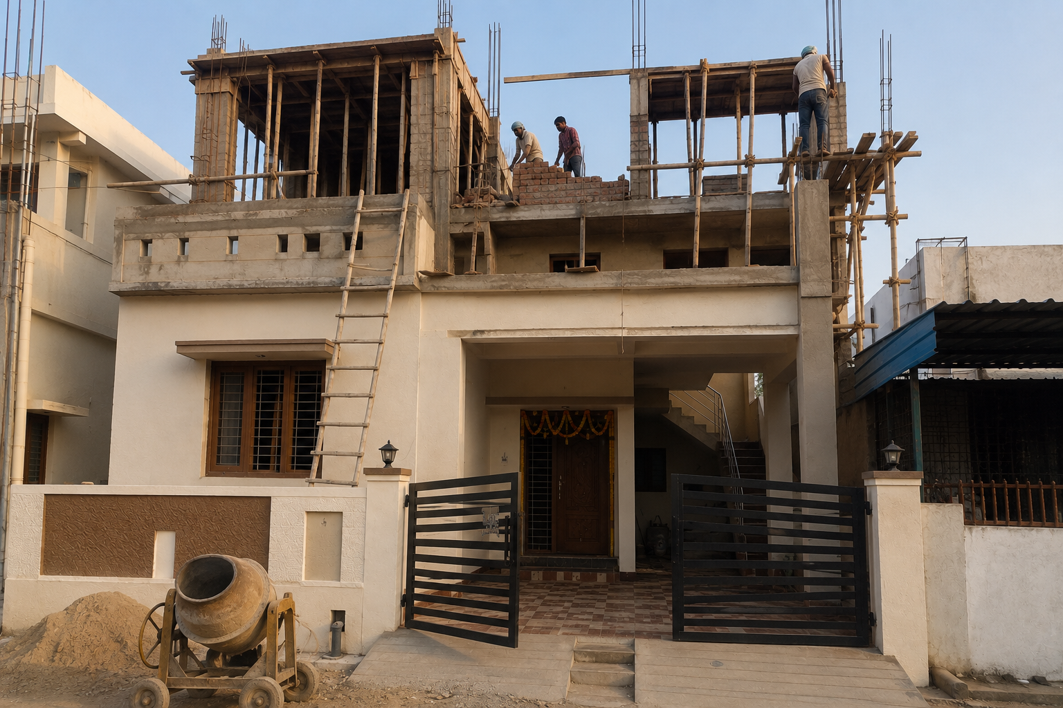 Second and third floor under construction on top of the completed ground floor