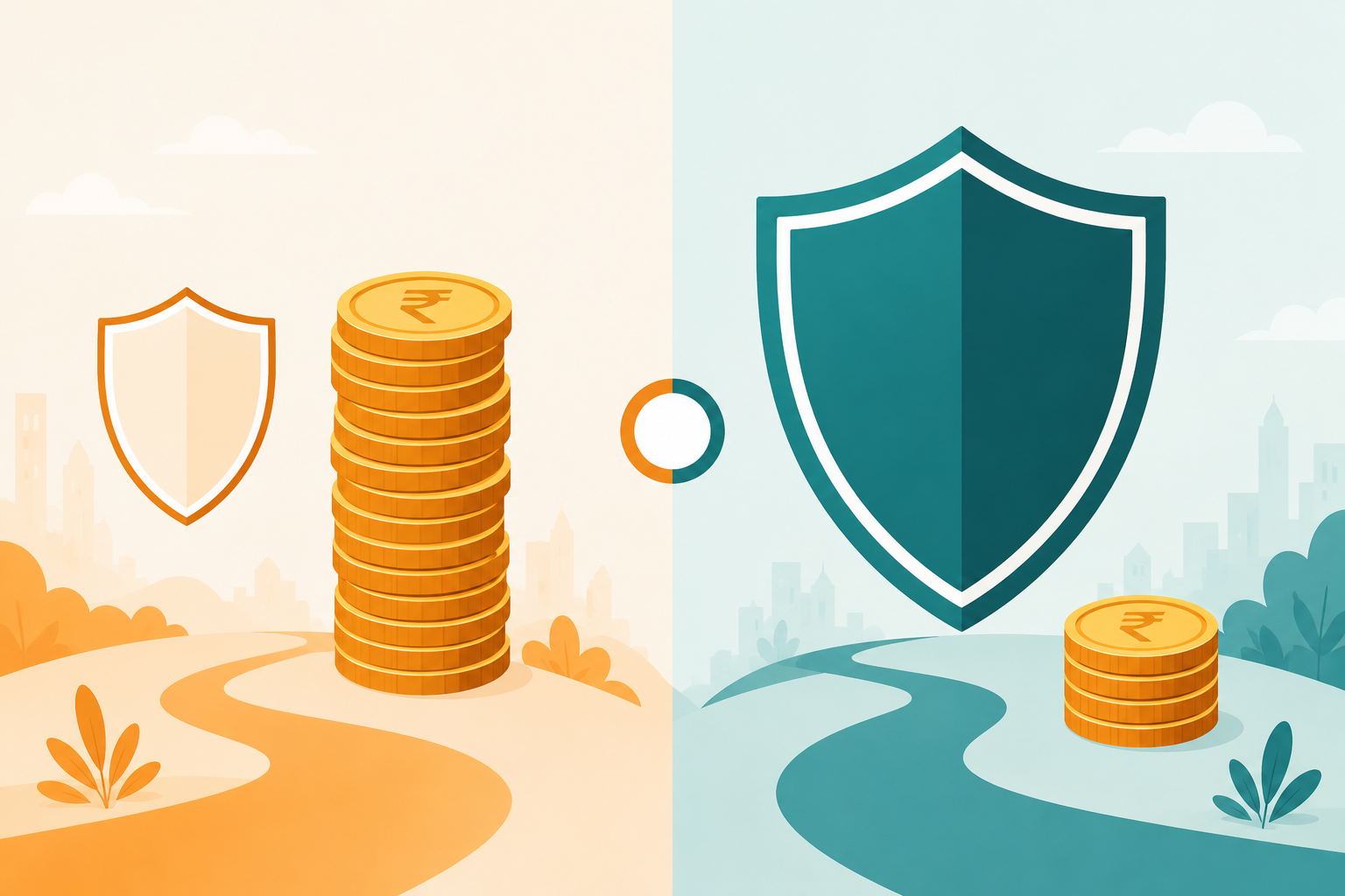 Side by side comparison of a small ULIP shield with a large stack of coins versus a large Term Plan shield with a small stack of coins