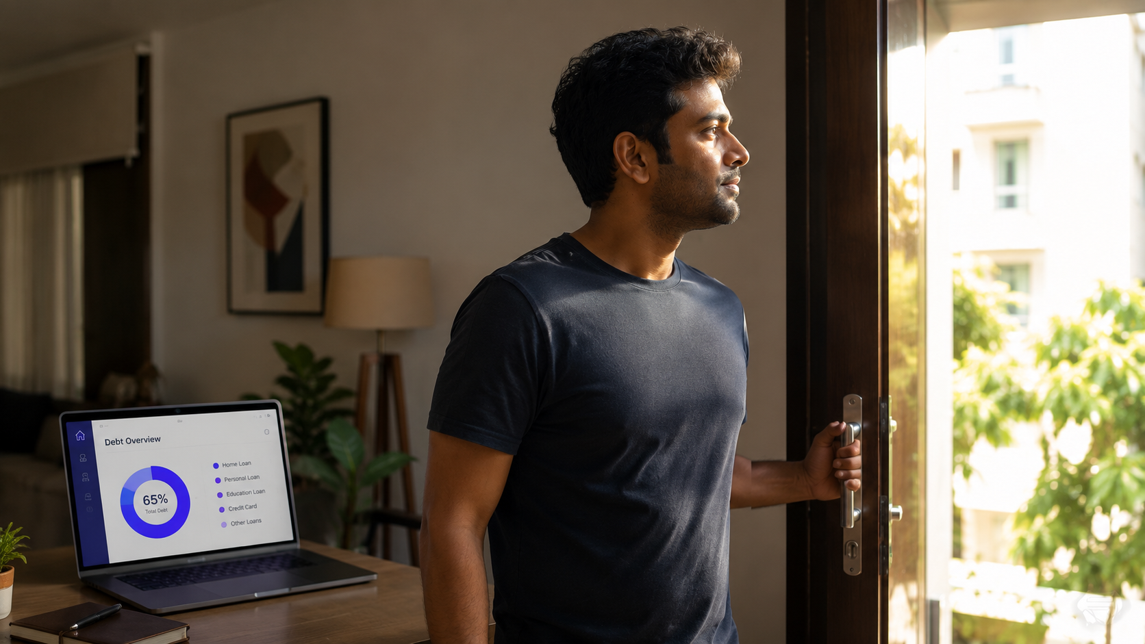 A man confidently stepping out of his home in daylight, with a laptop nearby showing a Debt Overview dashboard at 65% total debt