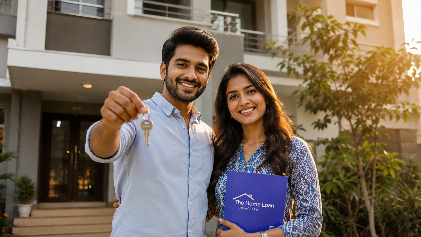 A young Indian couple smiling and holding house keys outside their new home, holding a home loan folder