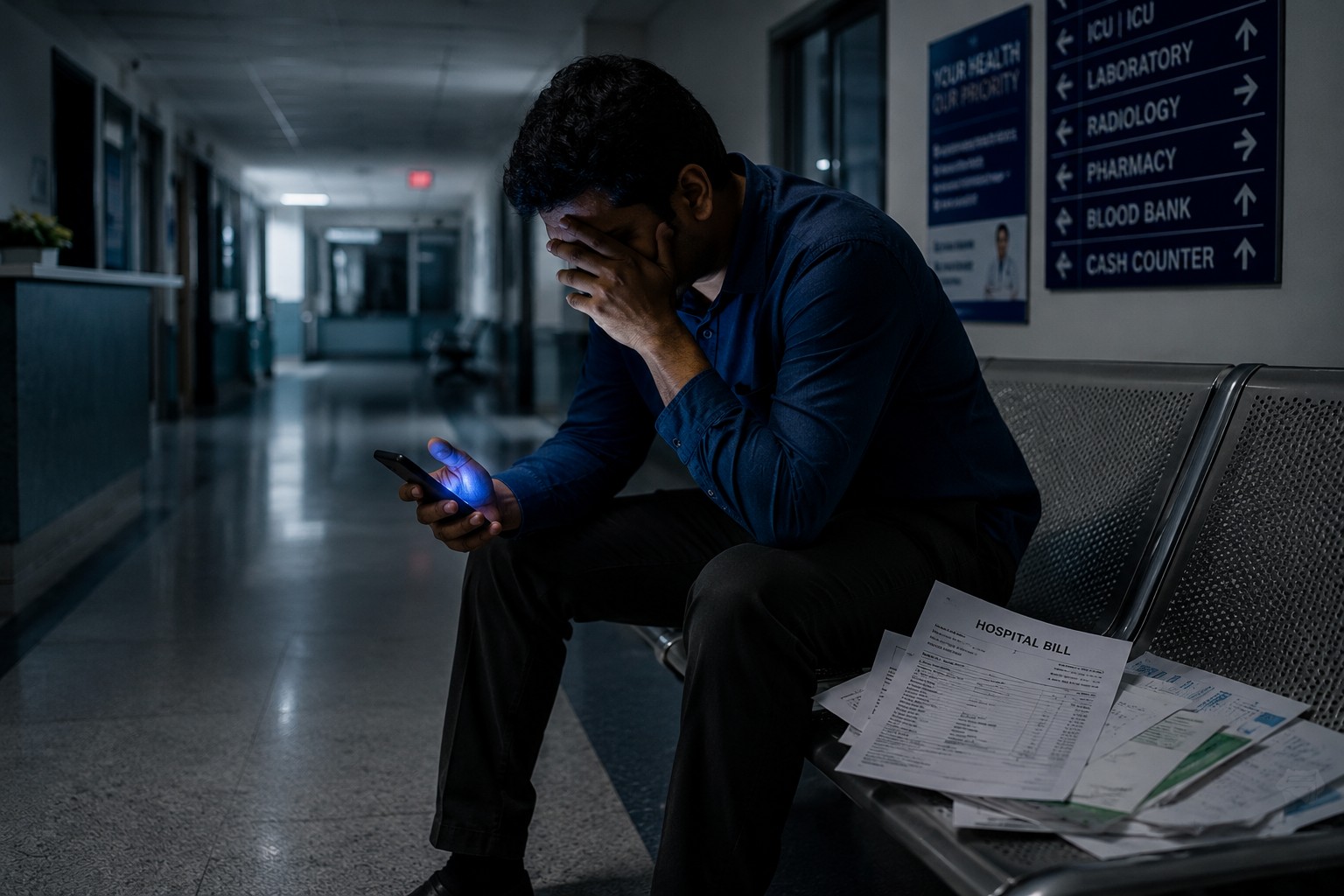 A worried man sitting in a hospital corridor at night, head in hand, hospital bills beside him