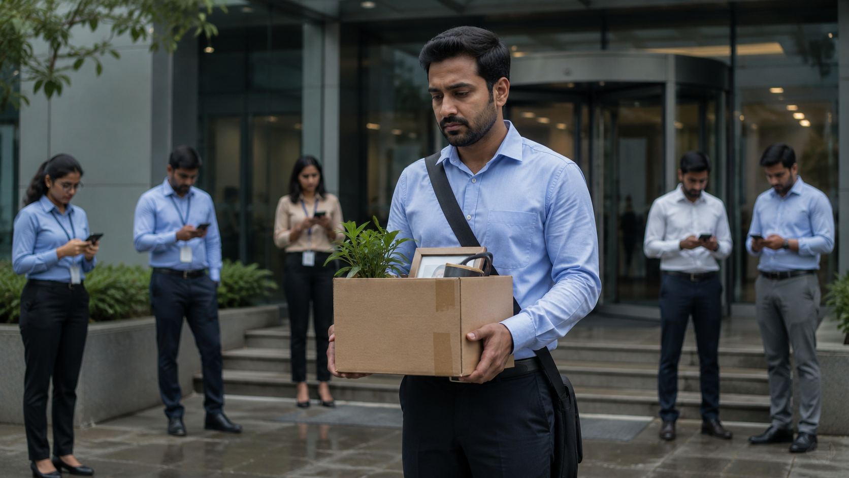 A man carrying a box of belongings out of an office building after a layoff, colleagues on phones in the background