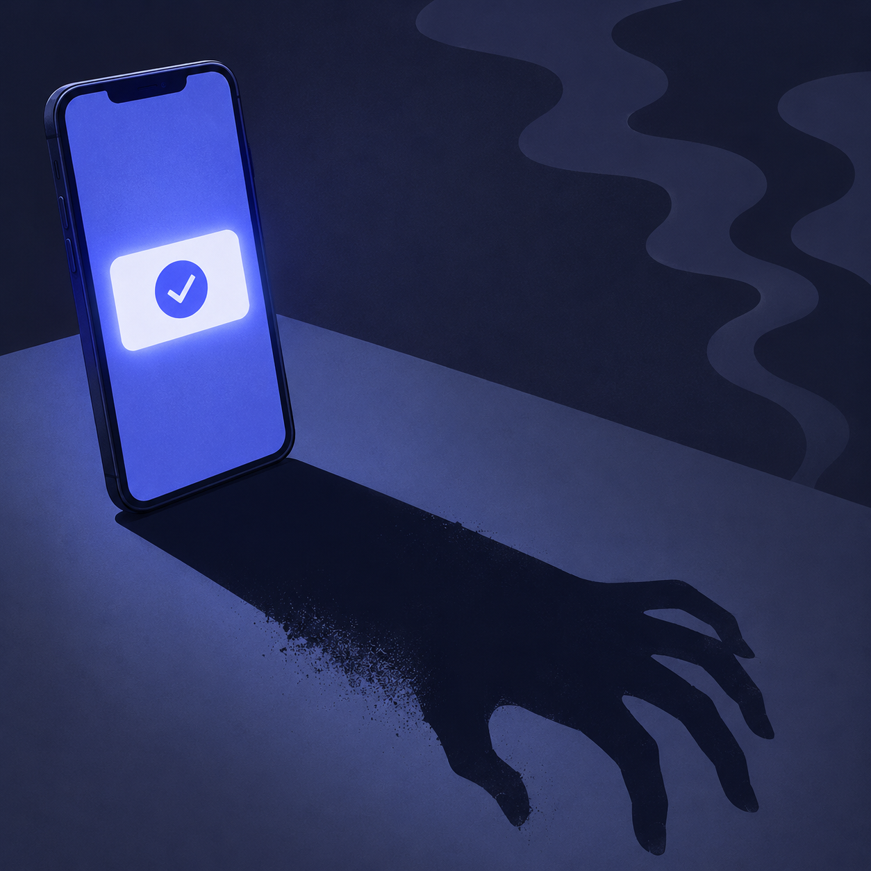 A glowing phone showing an instant loan approval notification, casting a long dark shadow shaped like a reaching hand