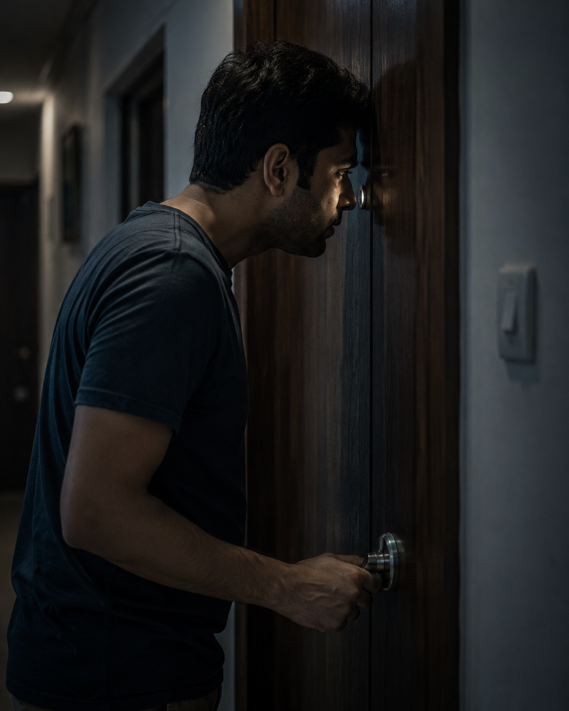 A man peering through his apartment door peephole in the dark, afraid to answer