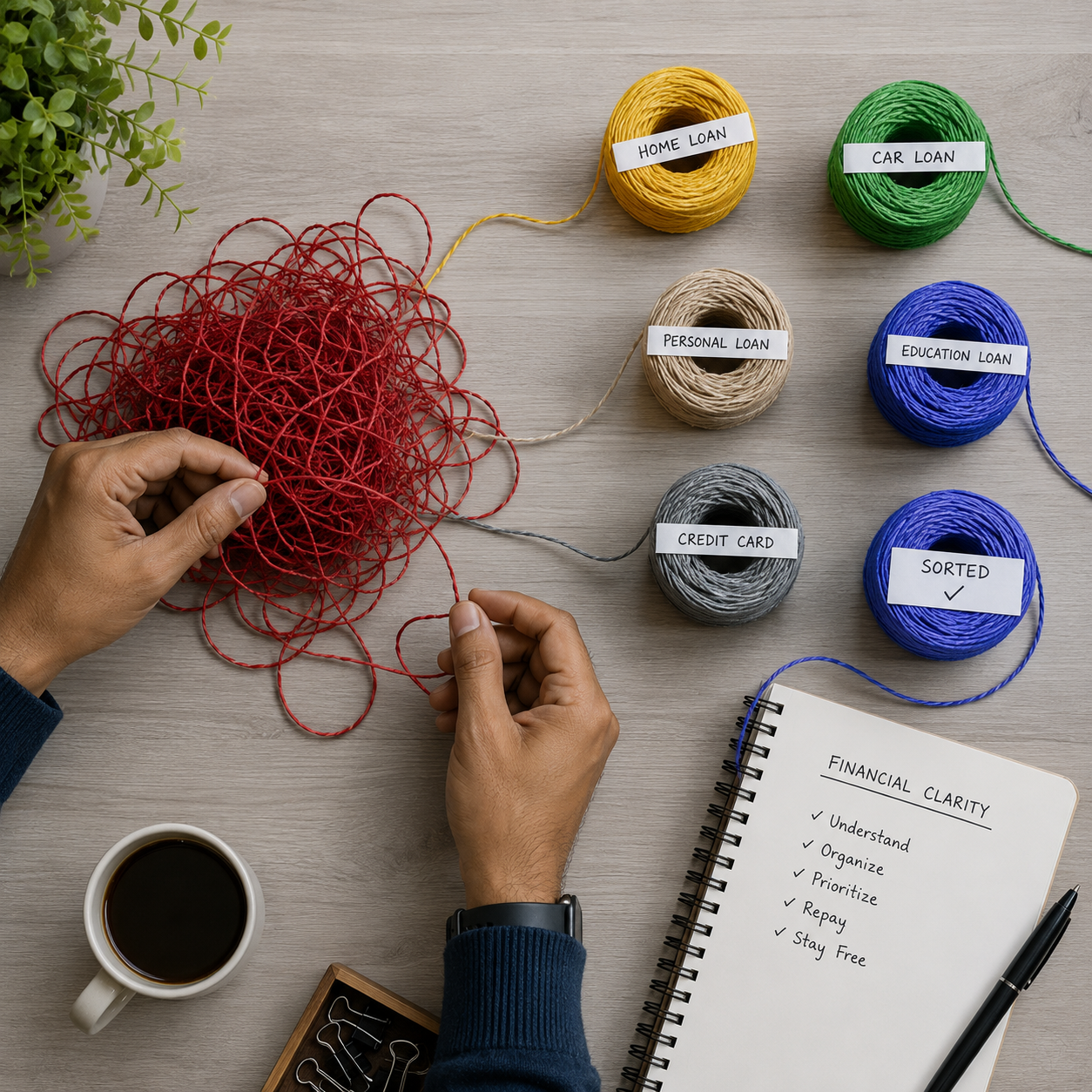 Hands untangling a tangled ball of red string into neatly labeled spools — home loan, car loan, personal loan, education loan, credit card, sorted