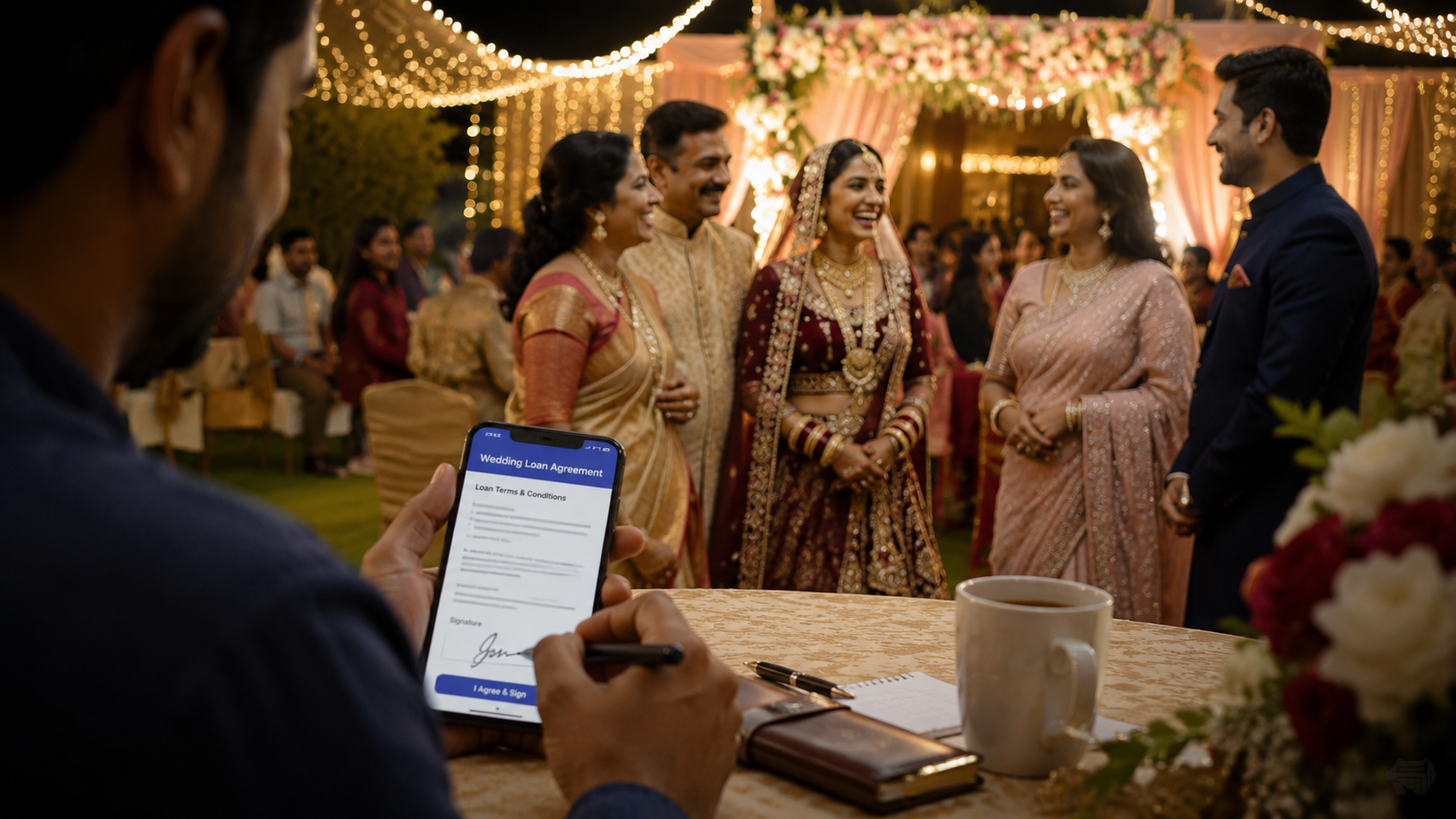 A joyful Indian wedding scene, with a man in the foreground signing a wedding loan agreement on his phone