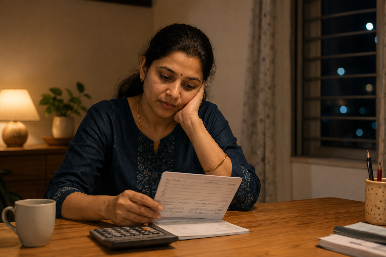 A woman reviewing her savings account passbook at home in the evening
